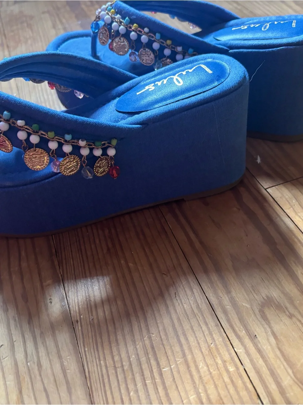 Lulu's Blue Beaded Coin Platform Thong Sandals